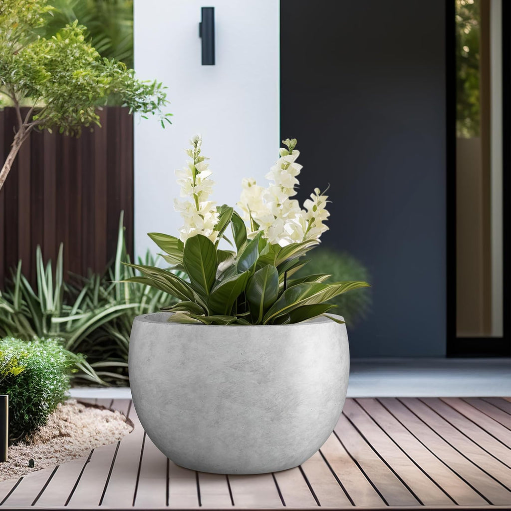 Kante Accent Round Bowl Pale Gray Concrete Planter 15.7" Dia, Outdoor | Rubber Plug for Indoor, Drainage for Garden