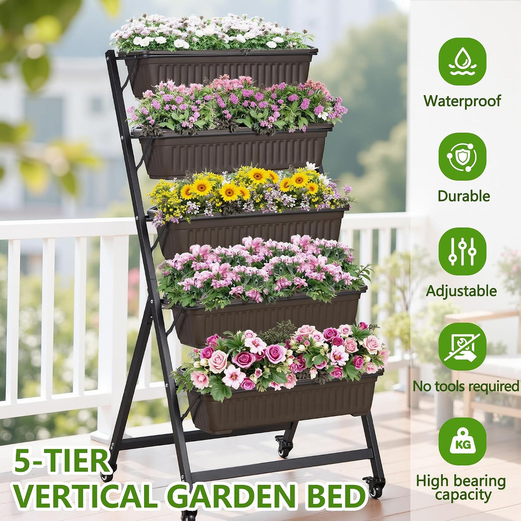VECELO 5-Tier Vertical Garden Bed, Freestanding Elevated Raised Garden Planter with 5 Garden Planter Boxes, Lockable