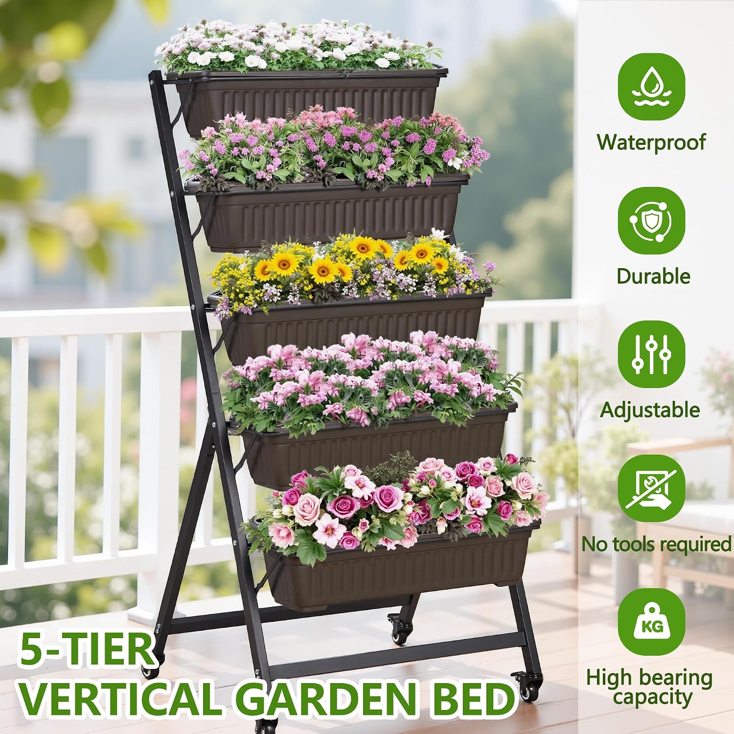 VECELO 5-Tier Vertical Garden Bed, Freestanding Elevated Raised Garden Planter with 5 Garden Planter Boxes, Lockable