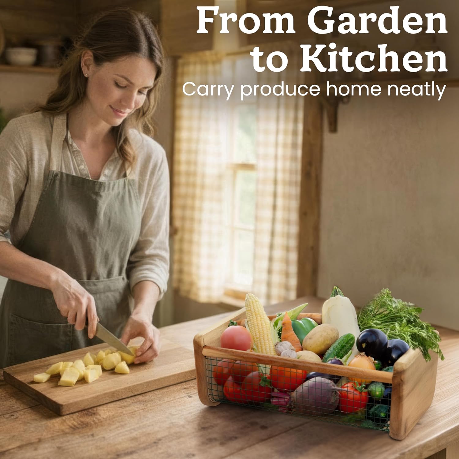 HOMESTEAD Garden Hod Harvest, Durable Acacia Wood Frame with Rotating Handle Basket, Farmhouse Basket for Home