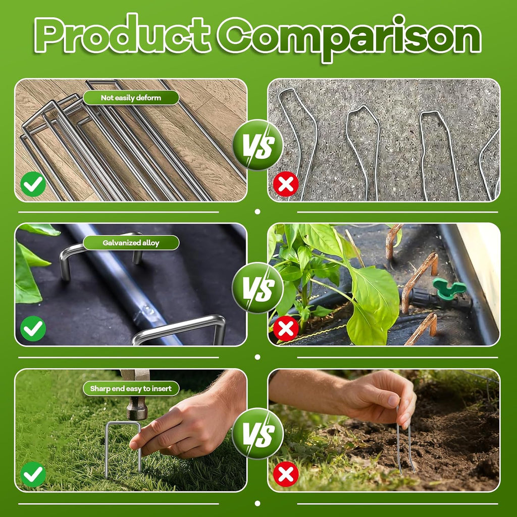 200PCS Garden Stakes Landscape Staples Set with Gasket, 11 Gauge | Heavy Duty Galvanized Garden Pins for Weed Barrier