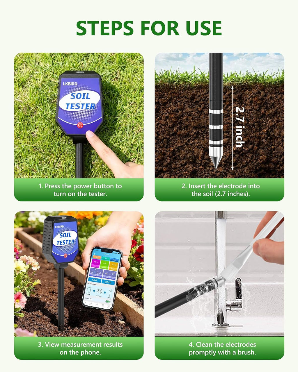 8-in-1 Soil Tester with APP Monitoring, Soil Moisture pH Meter, Light, Salinity, Fertility, EC, Temperature, Humidity