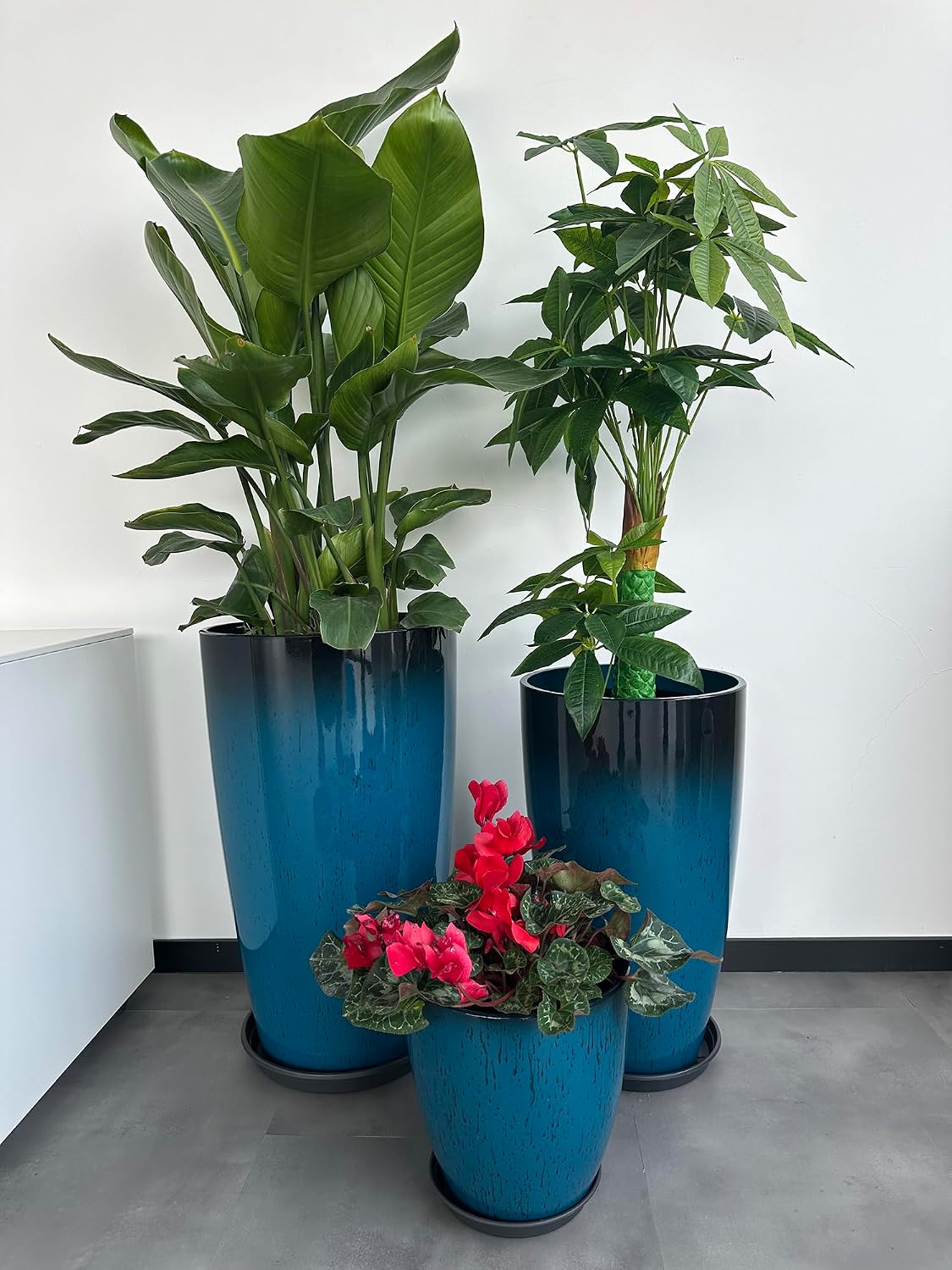24,21,11 Inch Large Plastic Planters with Drainage Hole and Saucer - Set of 3 Tall Plant Pots Indoor Flower Pot Tall
