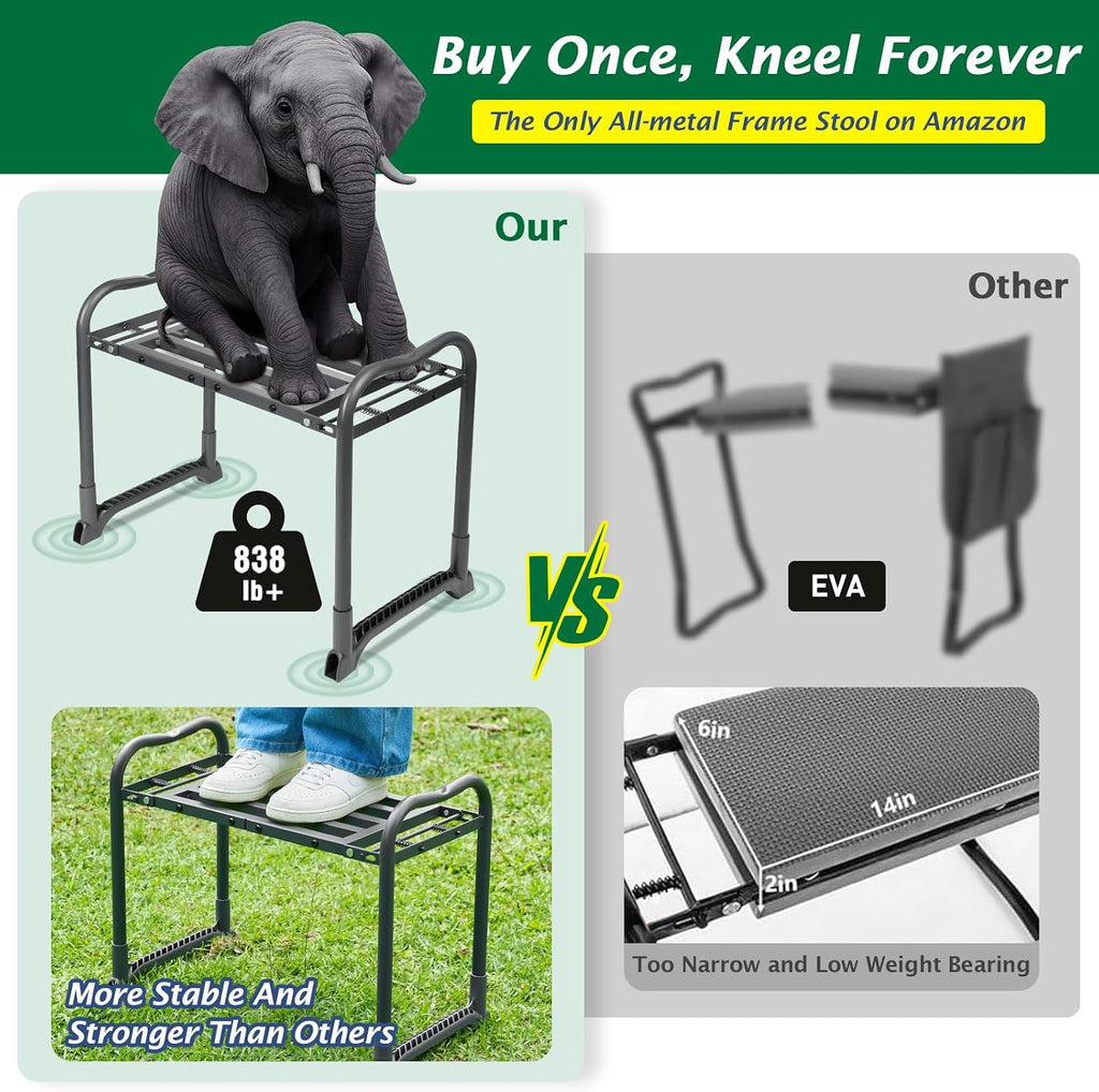 ikkle Heavy Duty Garden Kneeler and Seat, 838LB+ Capacity | Gardening Stool with Thicken & Widen Soft Kneeling Pad