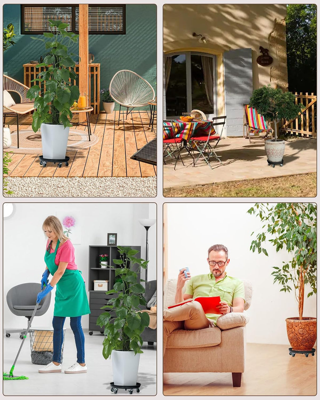 12 Plant Caddy with Wheels, Indoor Outdoor Rolling Caddy, 2-Pack Black | Entirely Made of Metal, 4 x 360° Wheels