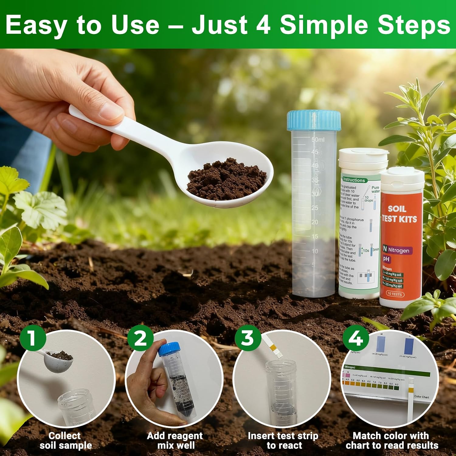 Soil Test Kit 4-in-1 for Lawns & Gardens – 40 Tests (pH, Nitrogen, Phosphorus, Potassium) – Easy Soil Testing Kit for