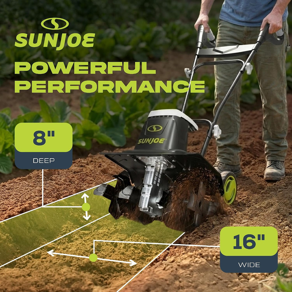 Sun Joe Corded Electric Garden Tiller & Cultivator with Steel Tines, 16 In, 12-Amp Motor - Heavy-Duty Tilling Machine