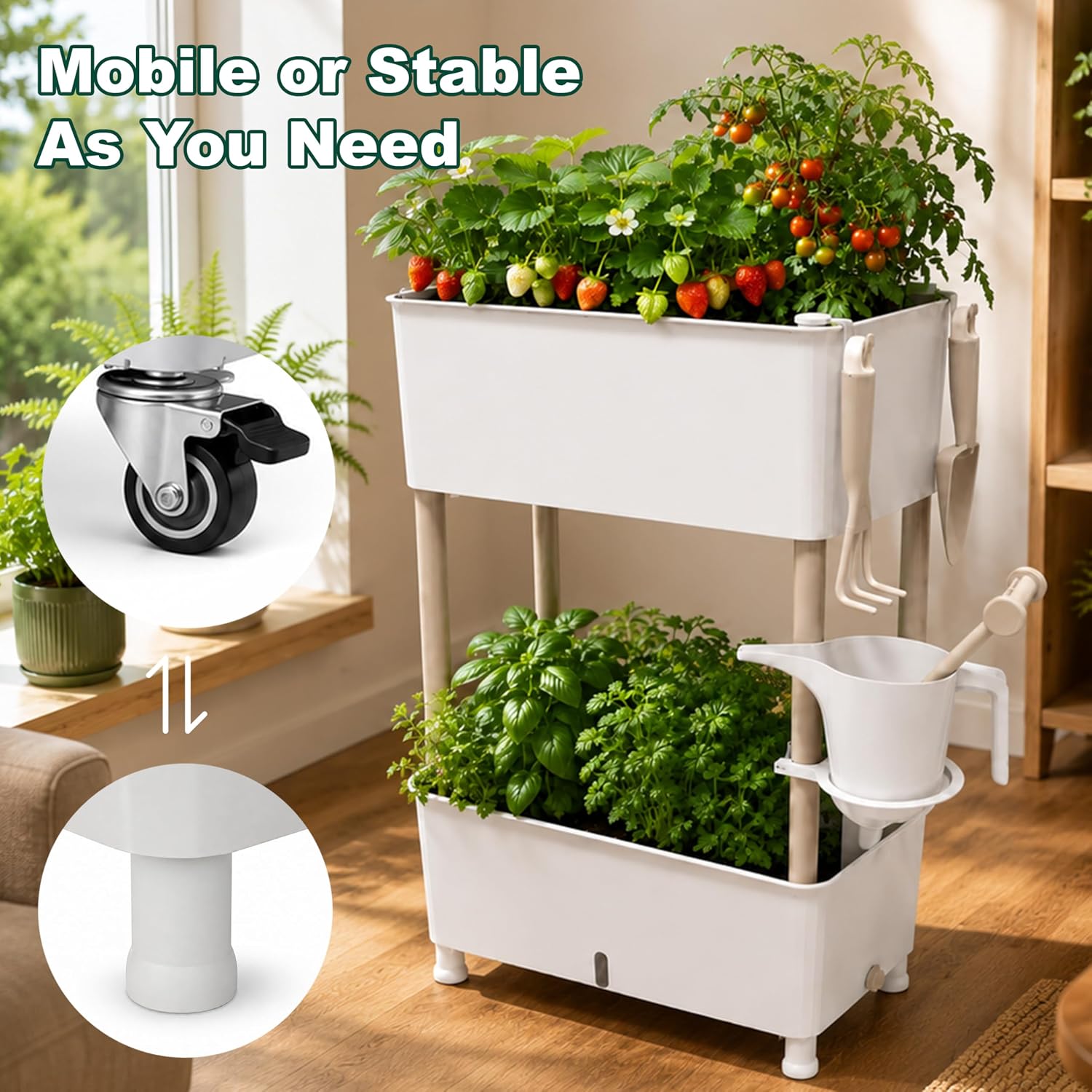 2-Tier 27.8"H Rolling Raised Garden Bed with Wheels, Self Watering Planter Box with Visible Water Level, Gray Rustproof