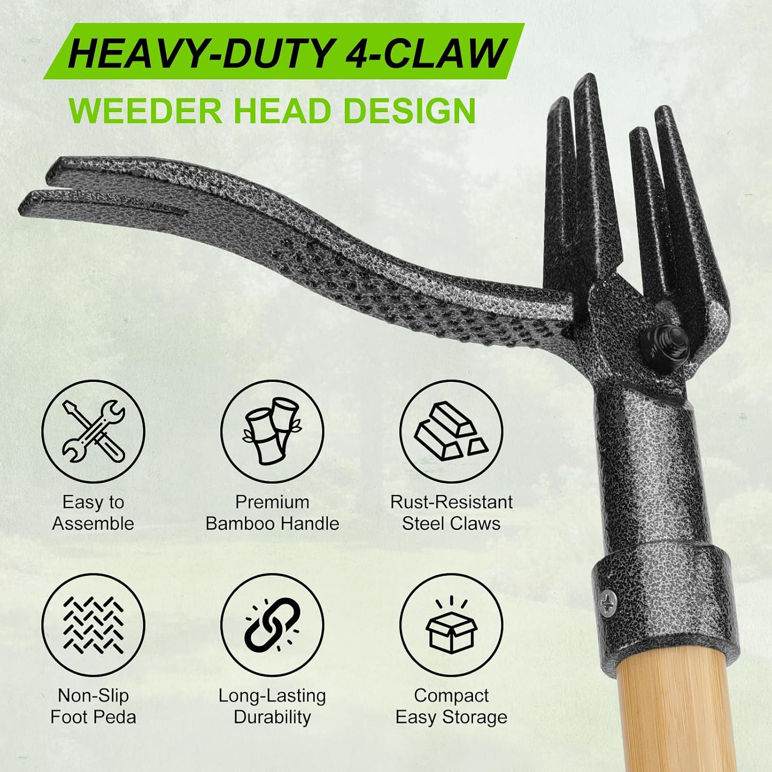 JYI&FORGE Stand Up Weed Puller Tool with Heavy Duty 4-Claw Steel Head | 45" Long Handle, Foot Platform Design, Bamboo