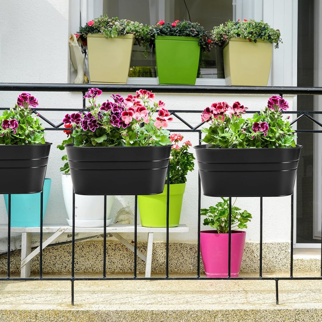 Foraineam 6 Pack Hanging Flower Pots, Metal Iron Hanging Planter Plant Pot Holders for Railing Fence Balcony, Black