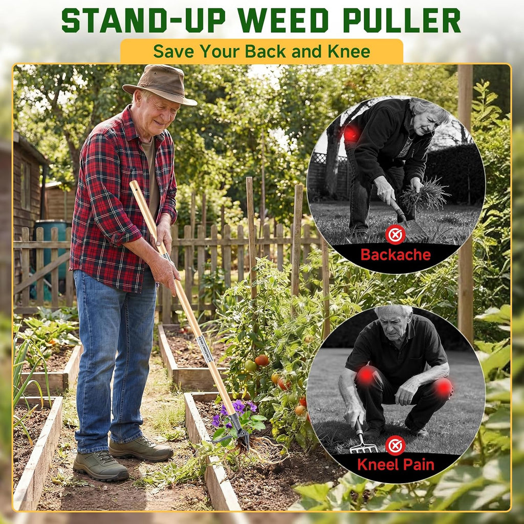 Weed Puller Tool, Stand Up Heavy Duty Weed Remover Tool with Long Handle & 4-Claw Steel Head, Bamboo Garden Hand