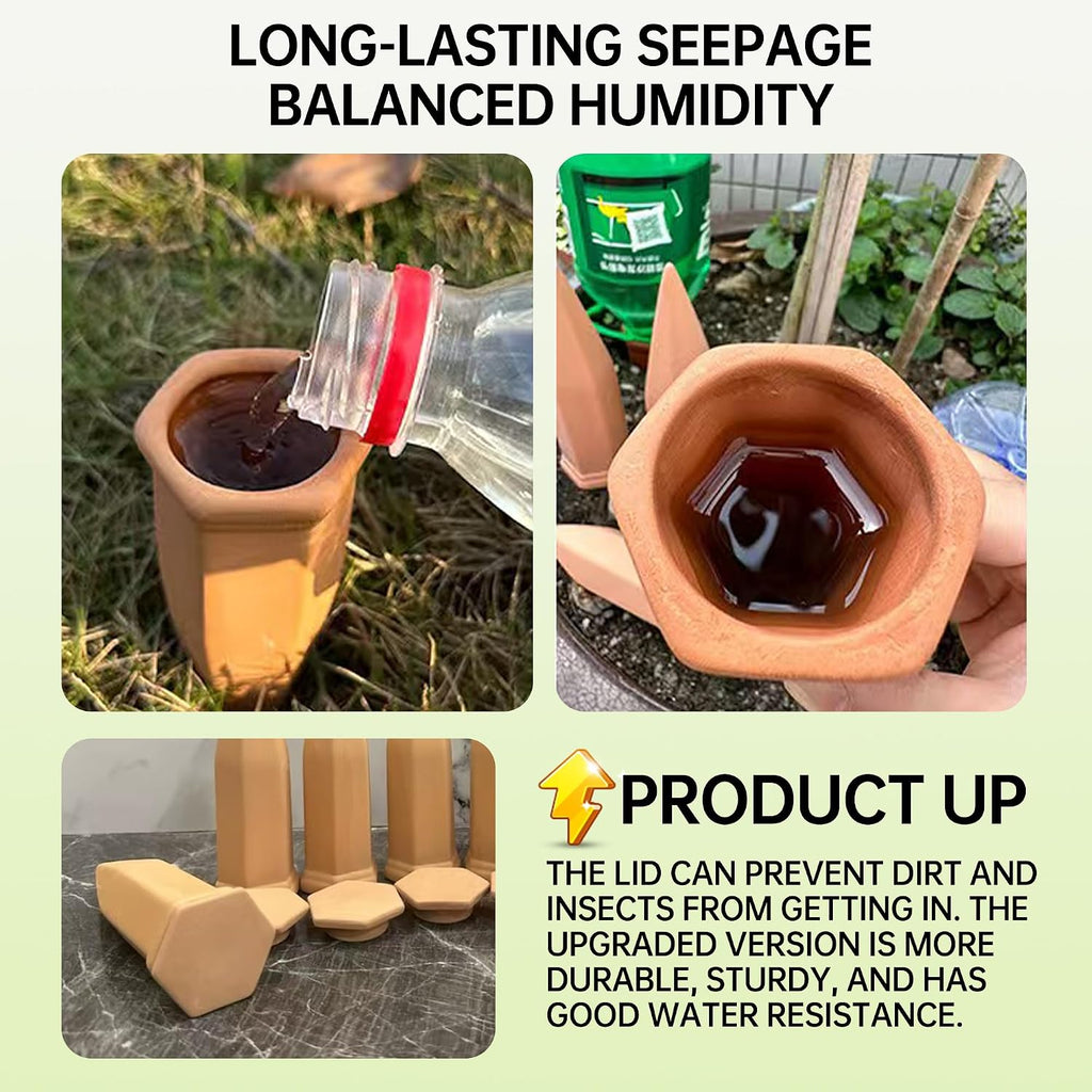 Large Clay Watering Spikes with Lids, Olla Spikes | 6 Pack Self-Watering Stakes for Indoor & Outdoor Planters