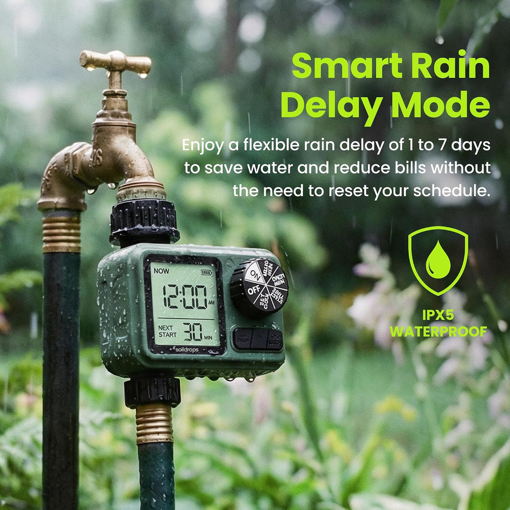 Garden Hose Sprinkler Timer 1 or 2 Outlet Programmable Controller | Self-cleaning valve, rain delay, auto-off, IPX5