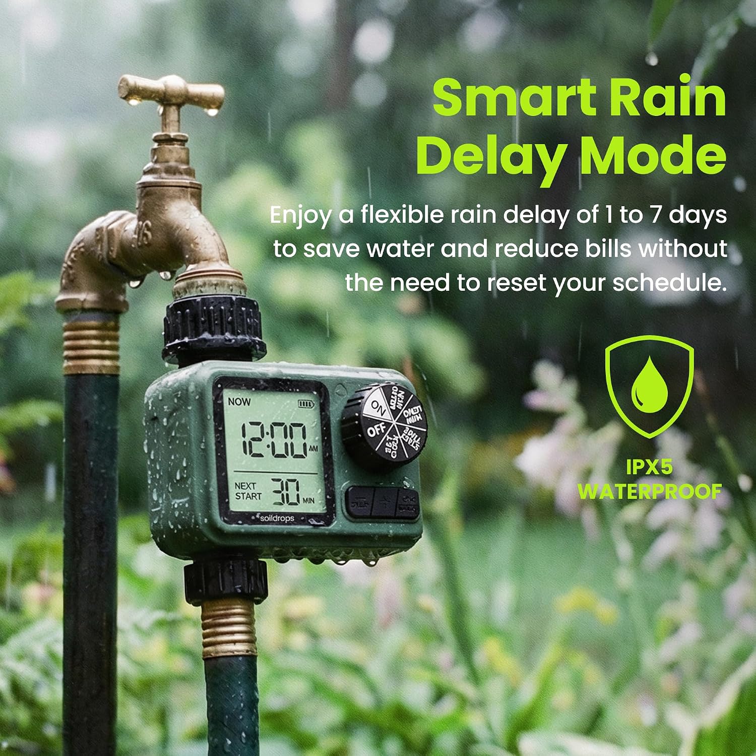 Garden Hose Sprinkler Timer 1 or 2 Outlet Programmable Controller | Self-cleaning valve, rain delay, auto-off, IPX5