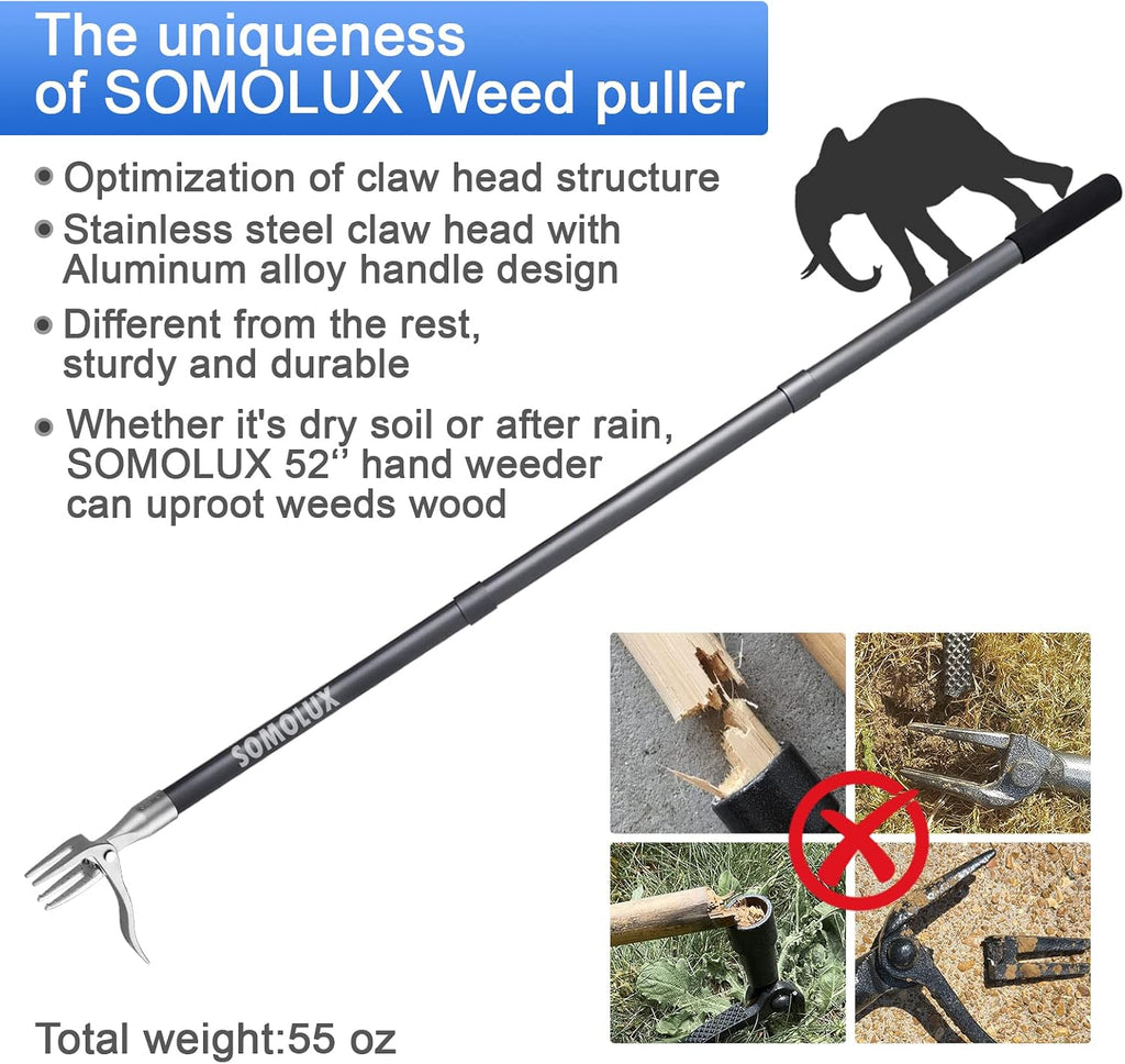 SOMOLUX 52'' Weed Puller Stand-up Weeder Weeding Tool for Gardening Heavy-duty Stainless Steel Claw with Long Metal
