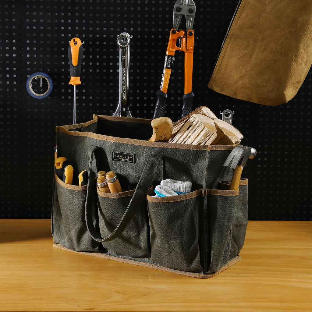 Tool Tote Bag, Heavy Duty 16oz Waxed Canvas Garden Tool Bag | Portable 11-Pocket Tool Storage Bag for Gardener