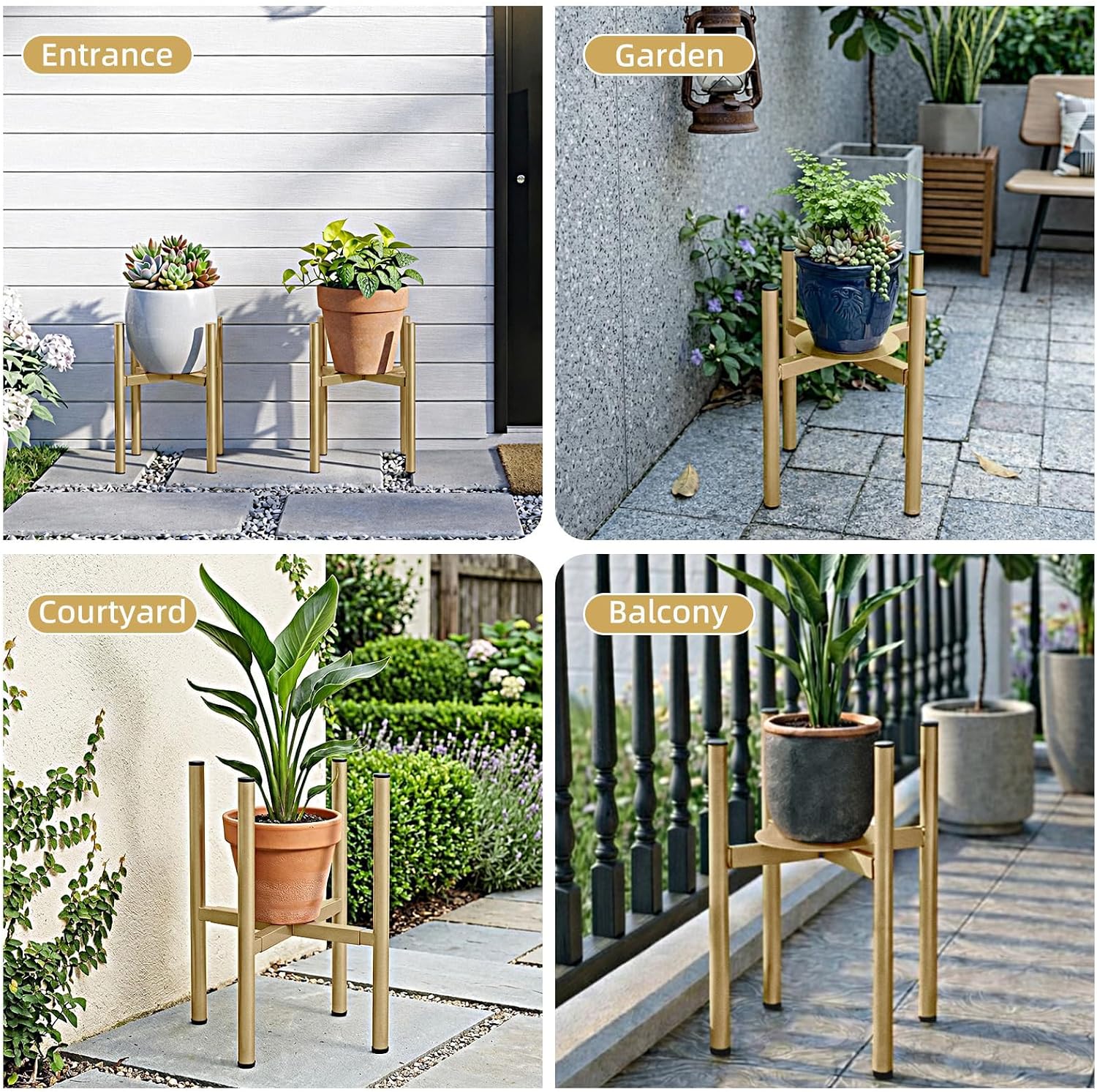 Adjustable Metal Plant Stand Indoor, Fits 8-14 Inch Pots, Mid Century Modern Gold Planter Holder,2 Heights, Heavy Duty