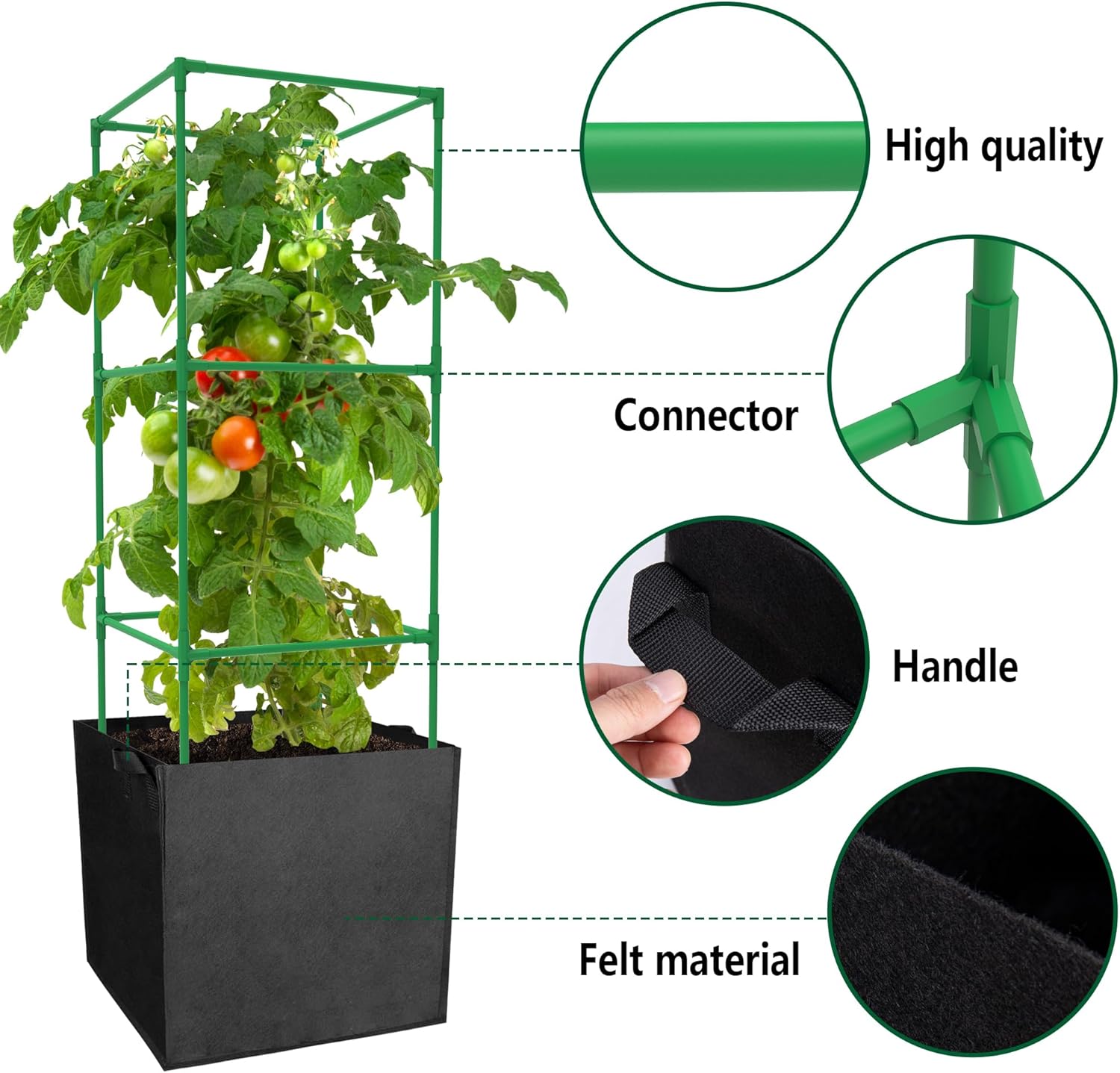 3 Packs 47 x 16 x 16 Inch Garden Tomato Cages with 17 Gallon Grow Bags- Square Plant Support Trellis Assembled with
