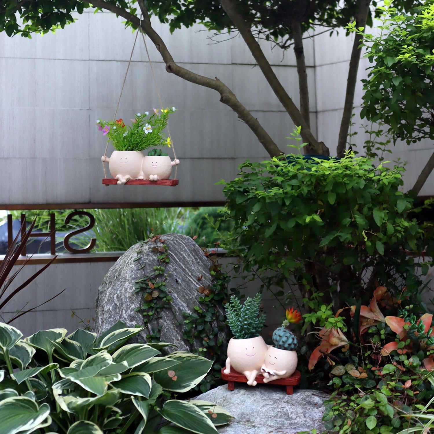 Dolkgy Hanging Planter Swinging Face Planters, Unique Head Flower Pots for Indoor Outdoor Plants, Cute Face Vase Funny