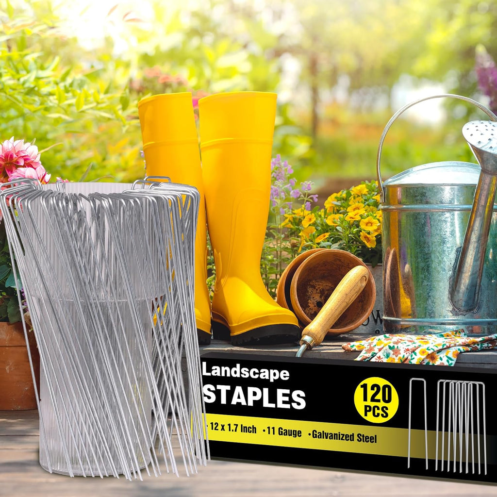 HongWay 120 Pack Landscape Staples 12 Inch, Galvanized Garden Stakes | 11 Gauge Metal Tent Stakes Heavy Duty Extra Long