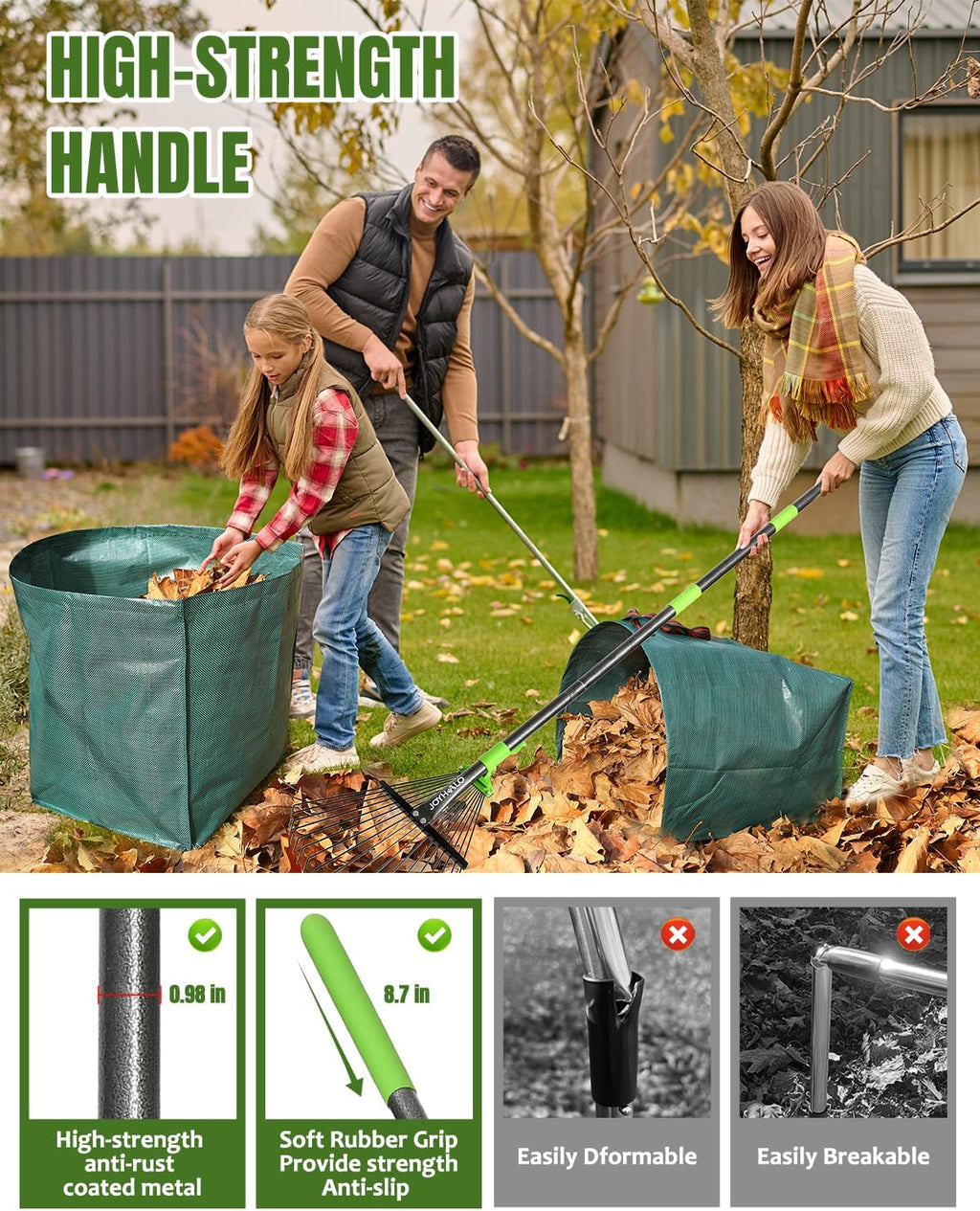 63.4 Inch Adjustable 18 Tines Metal Leaf Rake Set with 40 Gal Dustpan Bags | Adjustable garden rake, Leaf scoop set