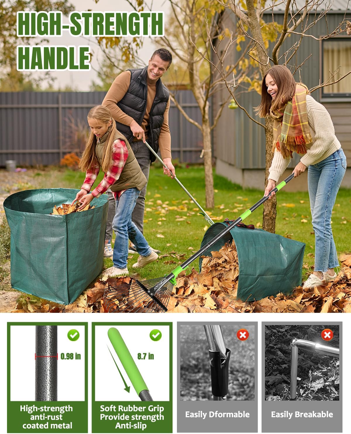 63.4 Inch Adjustable 18 Tines Metal Leaf Rake Set with 40 Gal Dustpan Bags | Adjustable garden rake, Leaf scoop set