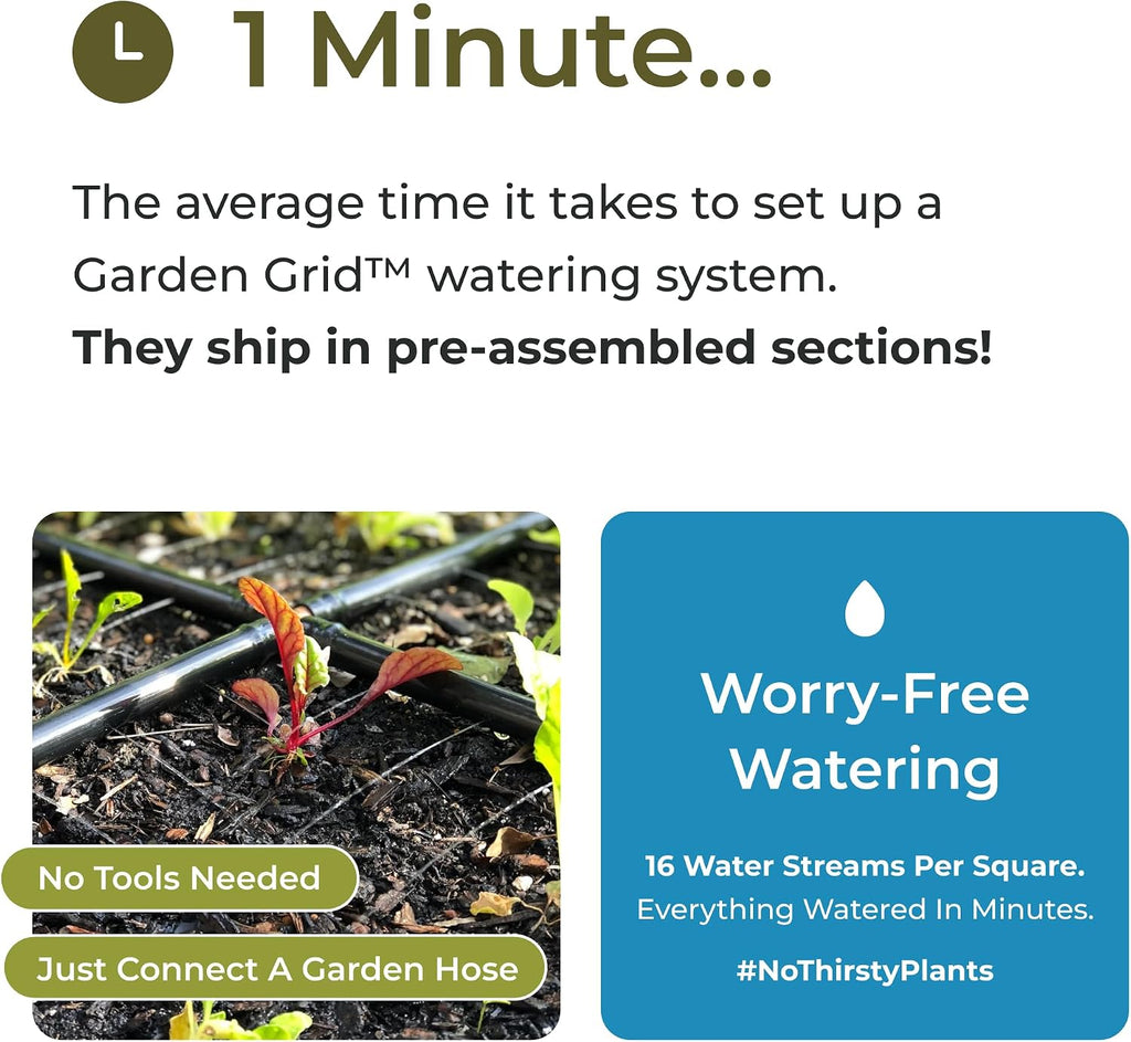 Garden Grid 4x4 | Raised Bed Watering System for Garden | Pre-Assembled | 1-Min Setup Garden Bed Watering System;