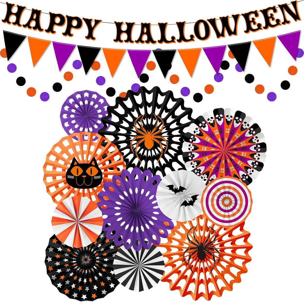 Halloween Party Decorations Set - Spooky Banner, Hanging Paper Fans & Dot Garland, for Halloween Theme Birthday Party Decorations