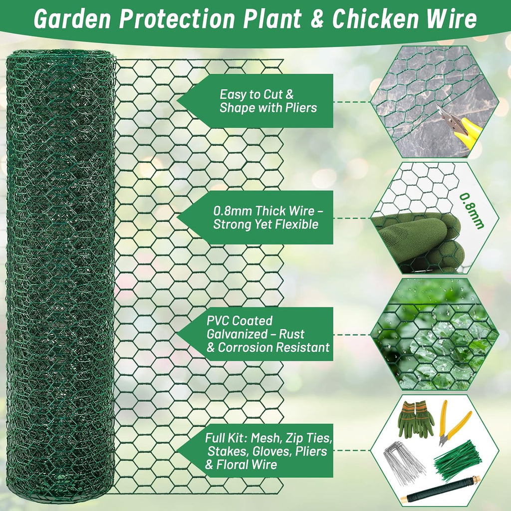 Convivium Plant Protectors from Animals, 0.8mm Free-Cut Green Chicken Wire Mesh, PVC Coated Tree Trunk Guard & Garden