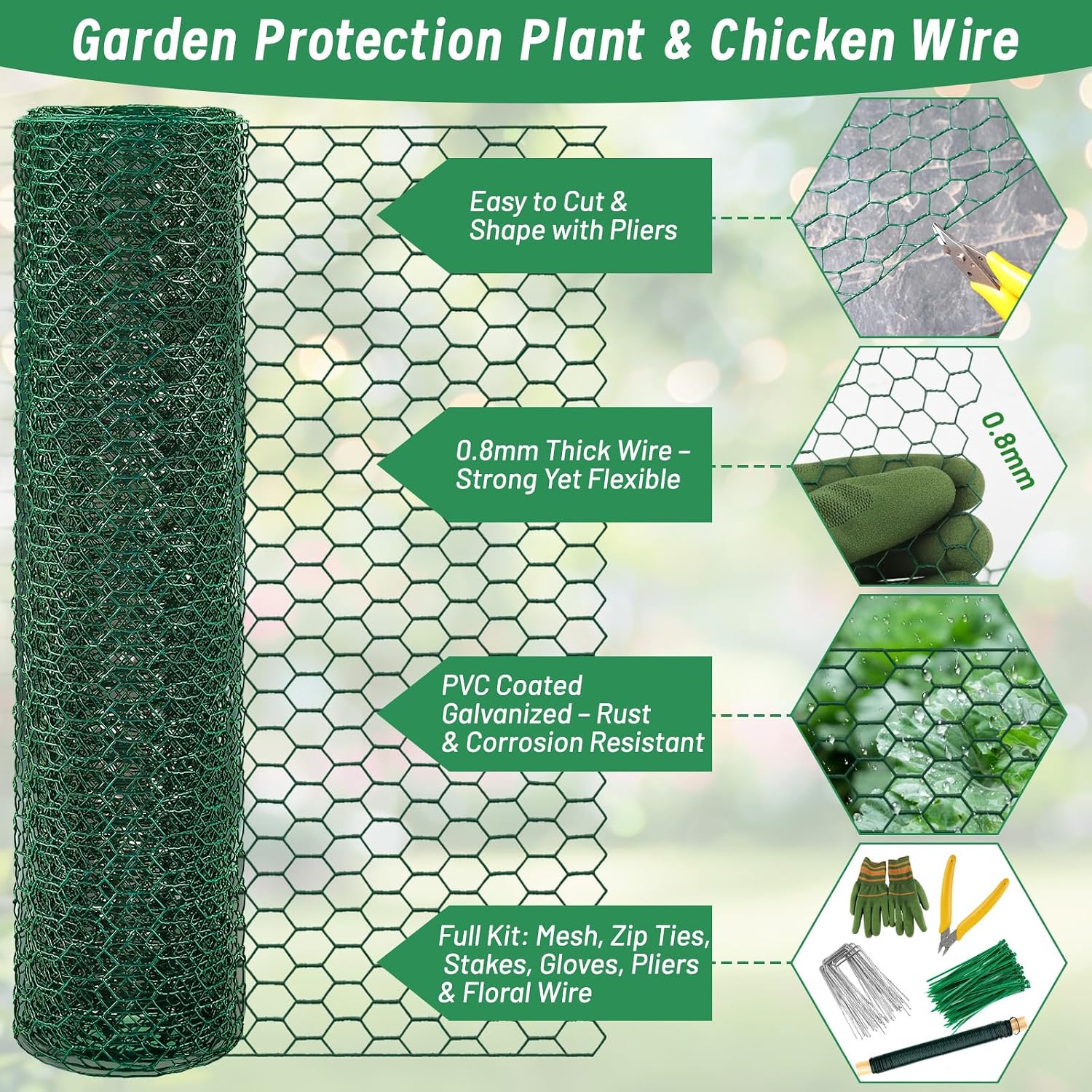 Convivium Plant Protectors from Animals, 0.8mm Free-Cut Green Chicken Wire Mesh, PVC Coated Tree Trunk Guard & Garden