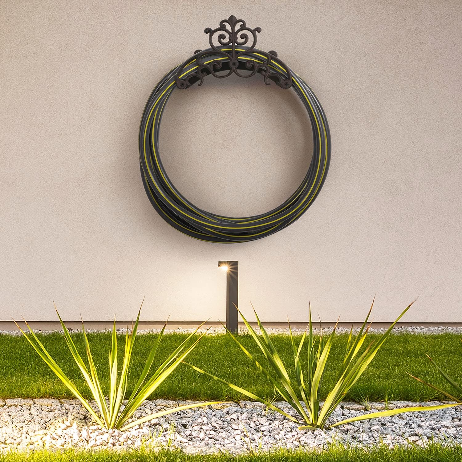 MyGift Brown Heavy Duty Cast Iron Outdoor Garden Water Hose Hanger | Wall Mounted Hose Reel with Vintage Scrollwork
