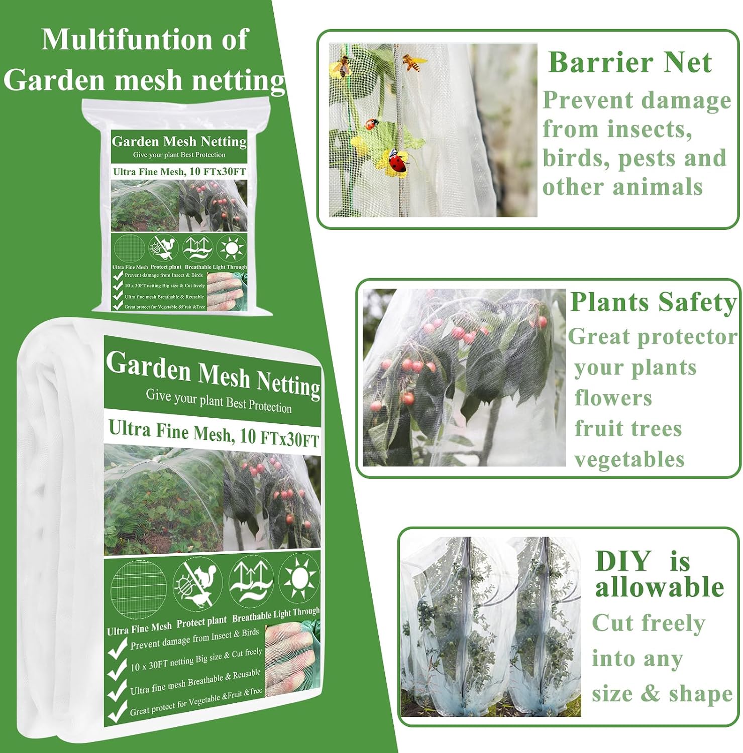 Garden Mesh Netting Kit, Plant Covers 10x30Ft Ultra Fine Mesh Netting & 6Pcs Garden Hoops &18 Clip, Garden Netting Kit