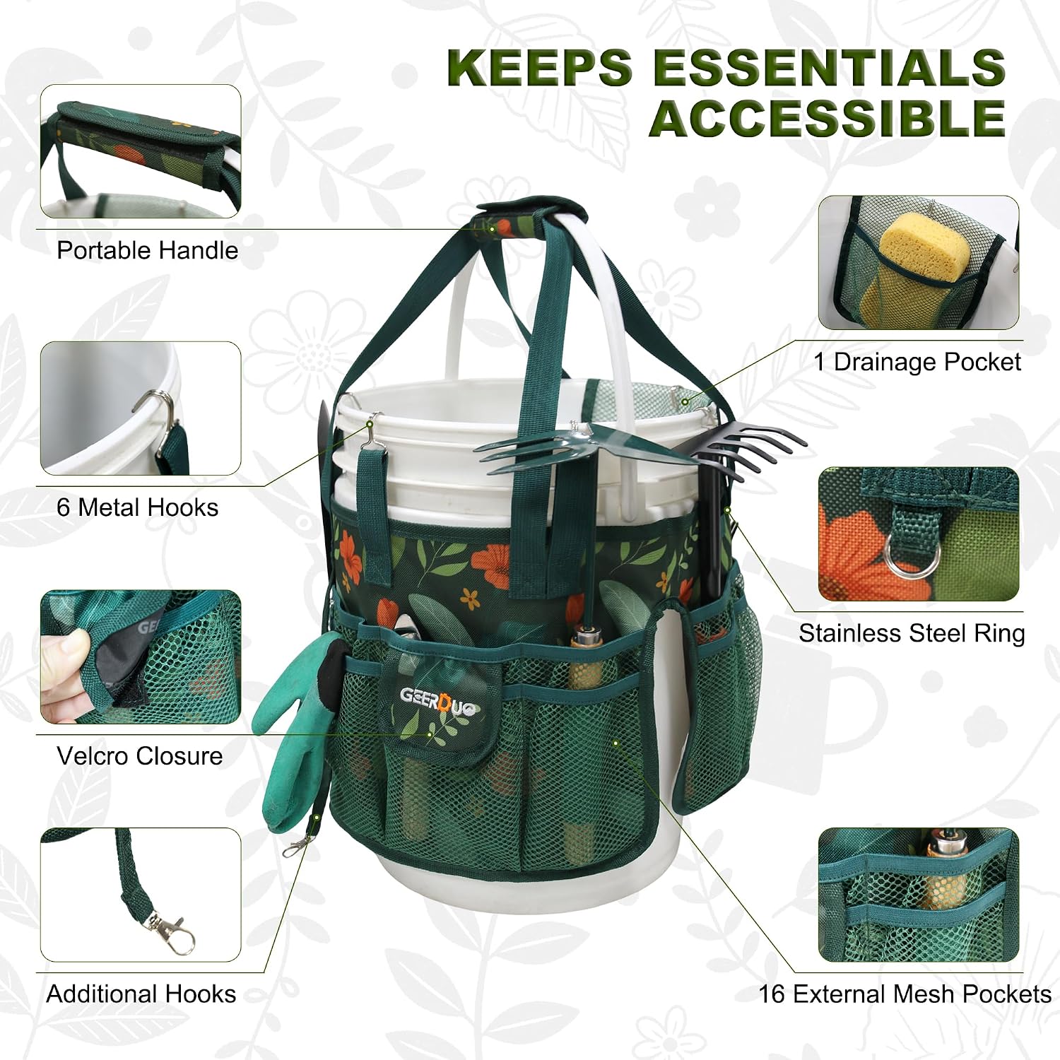 Bucket Tool Organizer - Multi-Purpose Garden Tool Caddy Fits 3.5 to 5 Gallon Buckets - Heavy Duty 600D Tool Bag Pouch