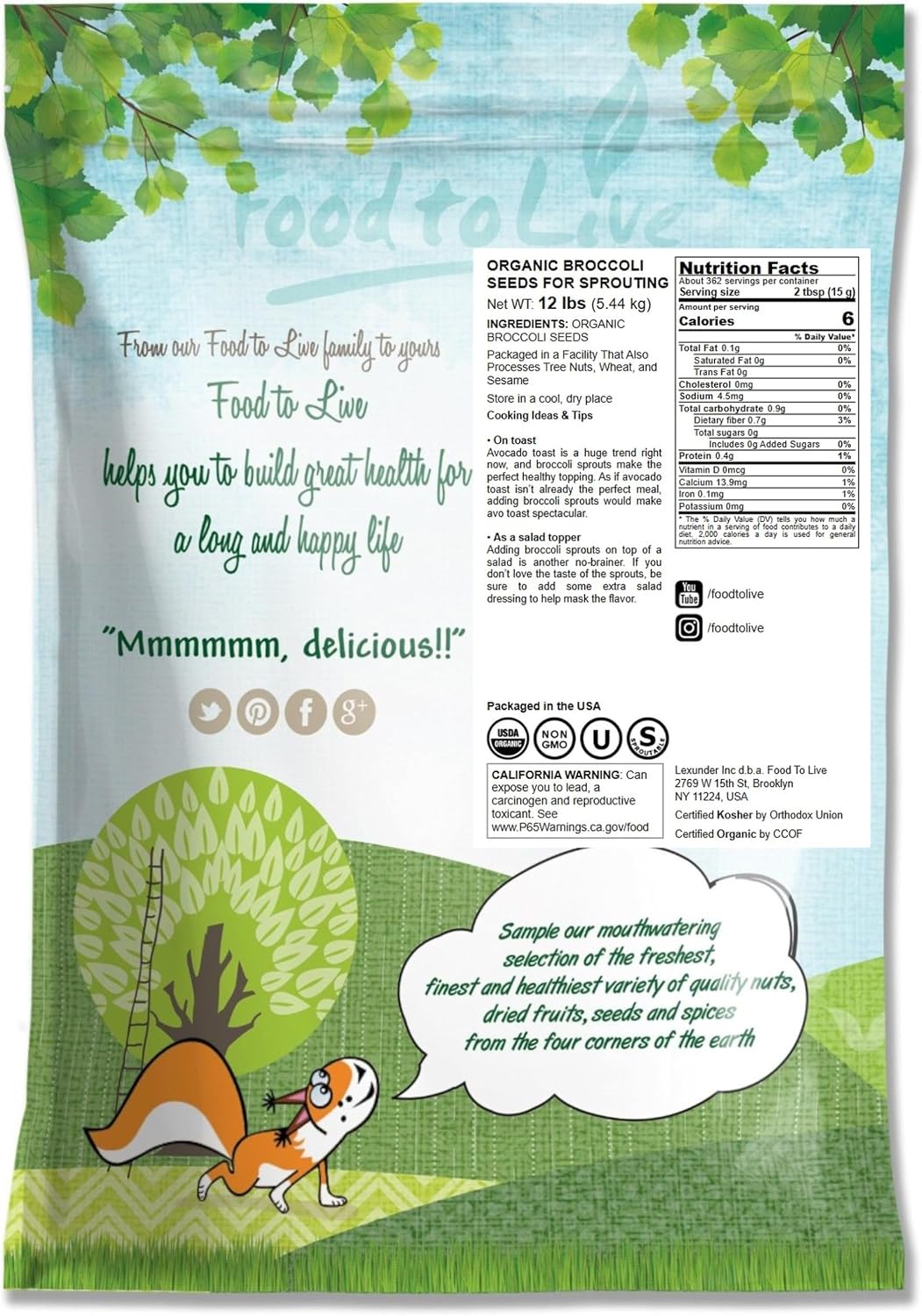 Food to Live Organic Broccoli Seeds for Sprouting, 12 Pounds – Non-GMO, Vegan, Kosher, Sirtfood, Bulk. Rich in