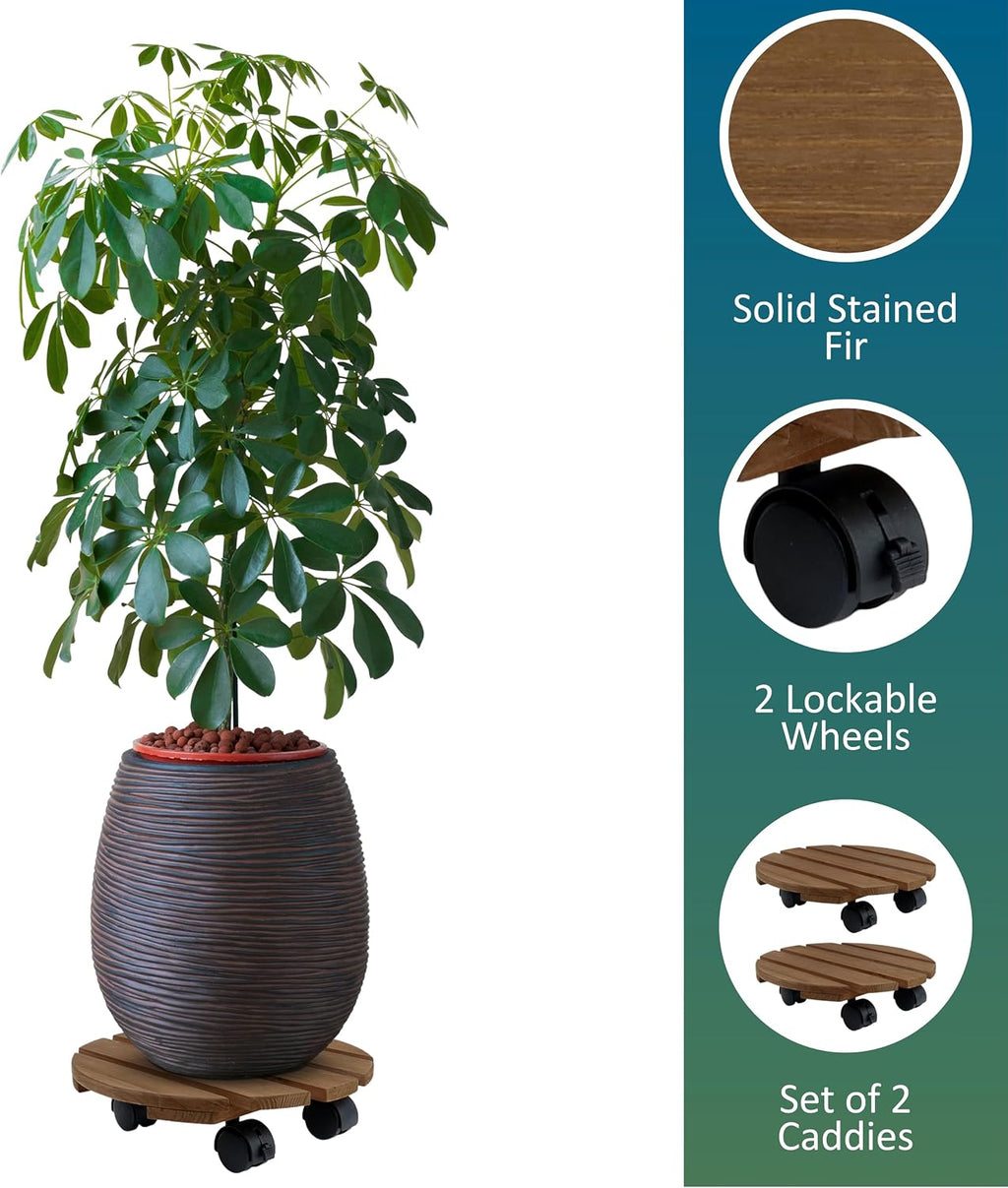 Fir Wood 12" Plant Caddy, 2 Pack, with Heavy Duty Wheels, 110 Lbs Capacity Dolly with 360-Degree Lockable Wheels for