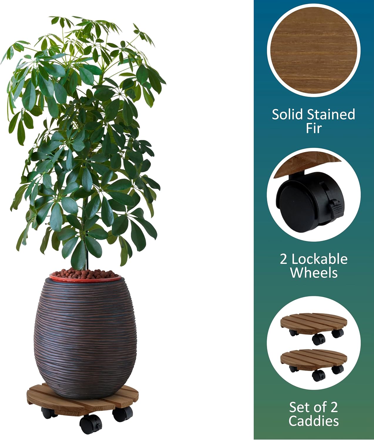 Fir Wood 12" Plant Caddy, 2 Pack, with Heavy Duty Wheels, 110 Lbs Capacity Dolly with 360-Degree Lockable Wheels for