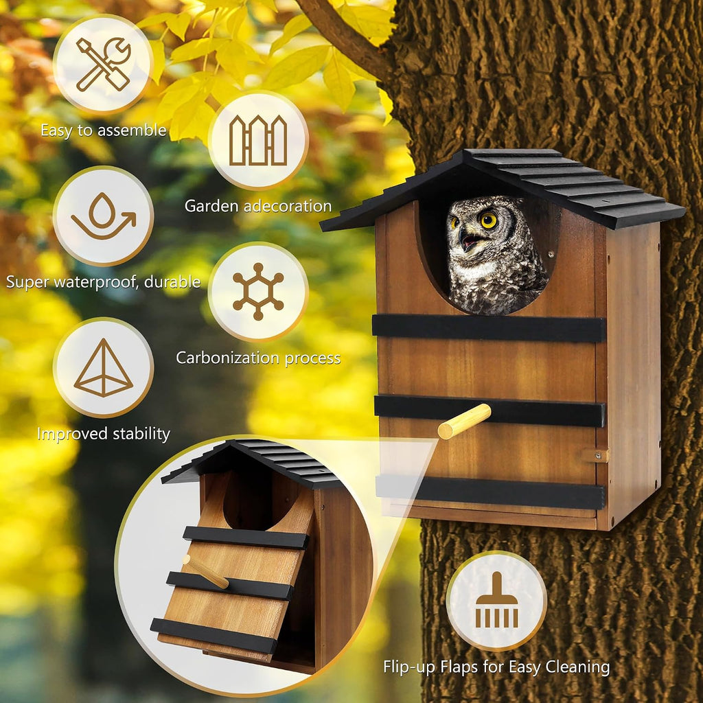 KOOPRO Screech Owl House for Outdoors, Weatherproof Large 14.5"x9.4"x7.8" | Barn Owl Nesting Box Wooden for Outside