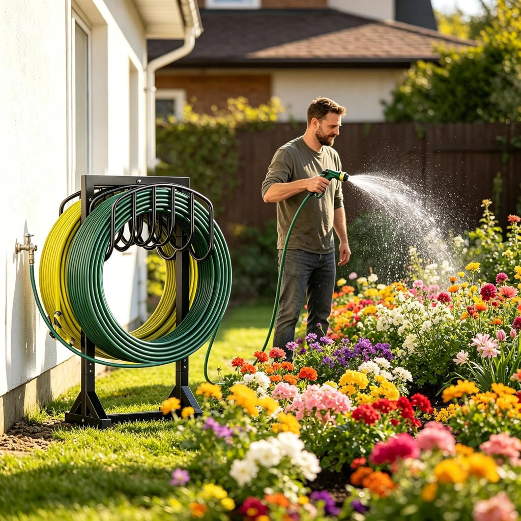 HeroicLion Garden Hose Holder Holds 2 x 151FT Hoses, Heavy-Duty Metal Freestanding Hose Stand Hanger with Stable Base