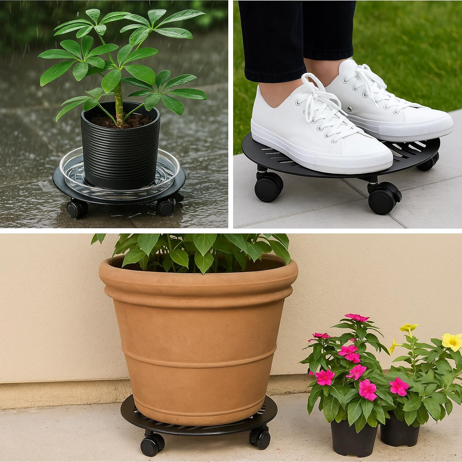 2 Packs Large Metal Plant Caddy with PU Wheels 12" Heavy-Duty Wrought Iron Rolling Plant Stands Indoor Outdoor Wheeled