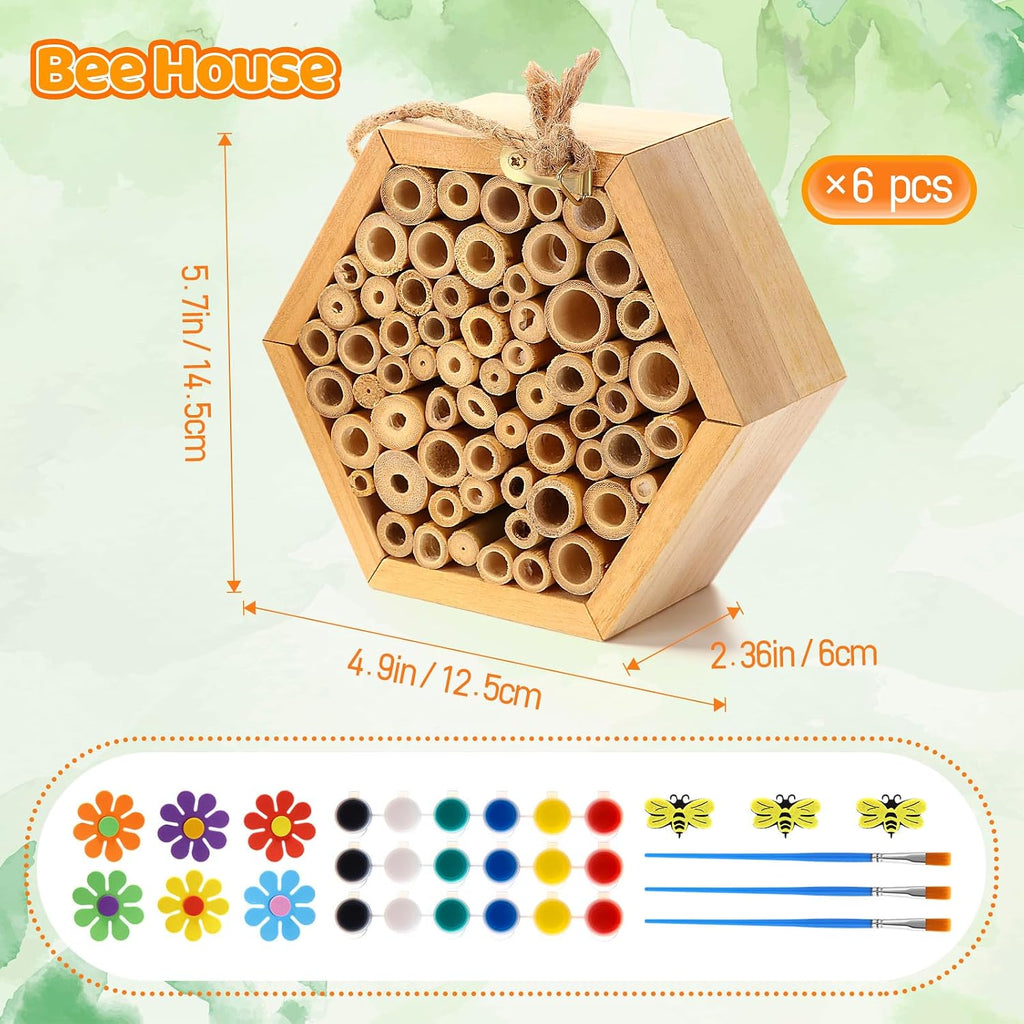 Leinuosen 6 Pcs Mason Bee House for the Garden with DIY Painting Kits and 6 Felt Bee 12 Felt Flower Natural Handmade
