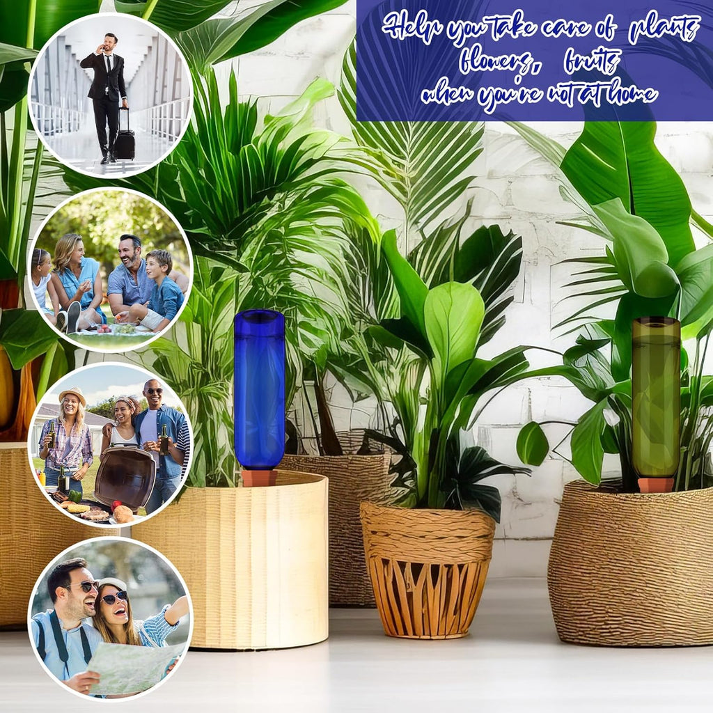 SiliFine 6 Sets Terracotta Watering Spikes,Blue Green and Terracotta | 26 oz Bottles for Slow Release Watering, Self