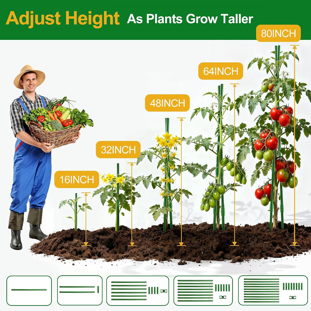 WAENLIR Garden Stakes16 Inch 48 Pack, Tomato cage DIY 4ft 5ft 6ft 7ft 8ft Plant Support Stakes with Connectors and