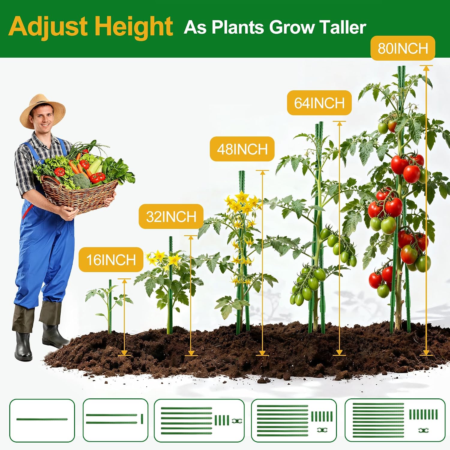 WAENLIR Garden Stakes16 Inch 48 Pack, Tomato cage DIY 4ft 5ft 6ft 7ft 8ft Plant Support Stakes with Connectors and