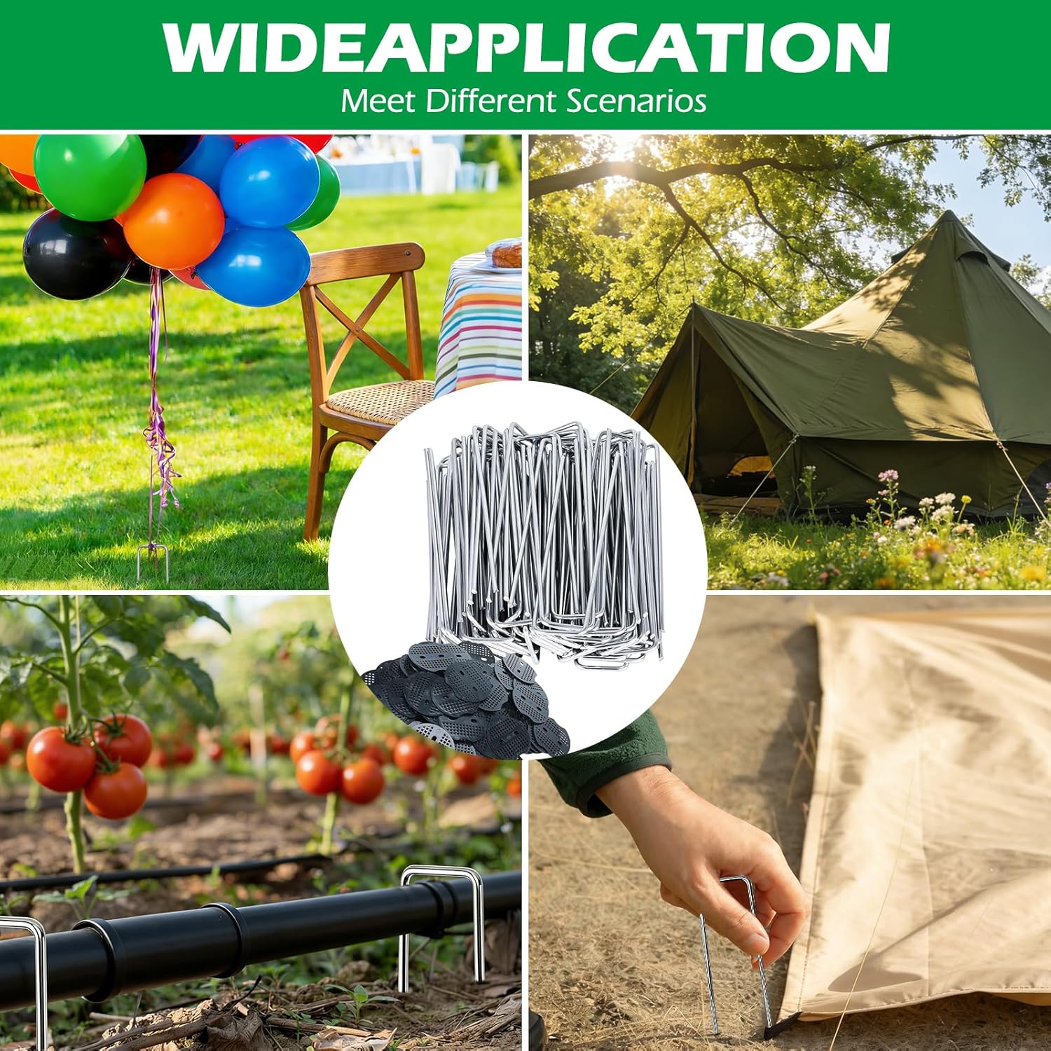100 Pack Landscape Staples and 100 Pack Gaskets,6in Long 9 Gauge Galvanized Steel Garden Staples with Black