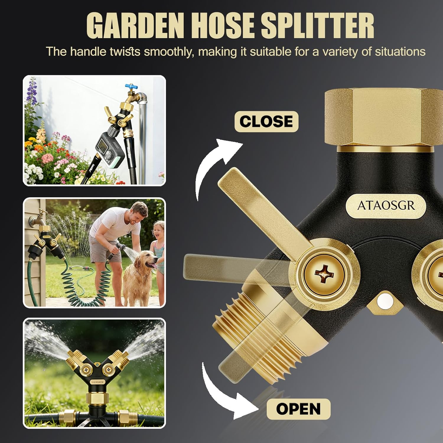 Garden Hose Splitter 2 Way Heavy Duty, Metal Body Water Hose Splitter | with Shut-Off Valve,360° Brass Swivel,3/4'' GHT