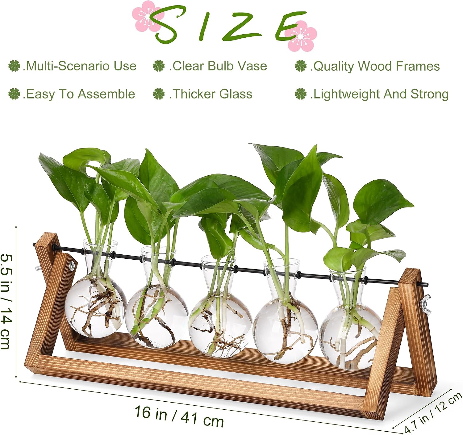 YIBOT Plant Propagation Stations with Wooden Stand & 5 Glass Bulb Vases | Tabletop Plant Terrarium for Propagating