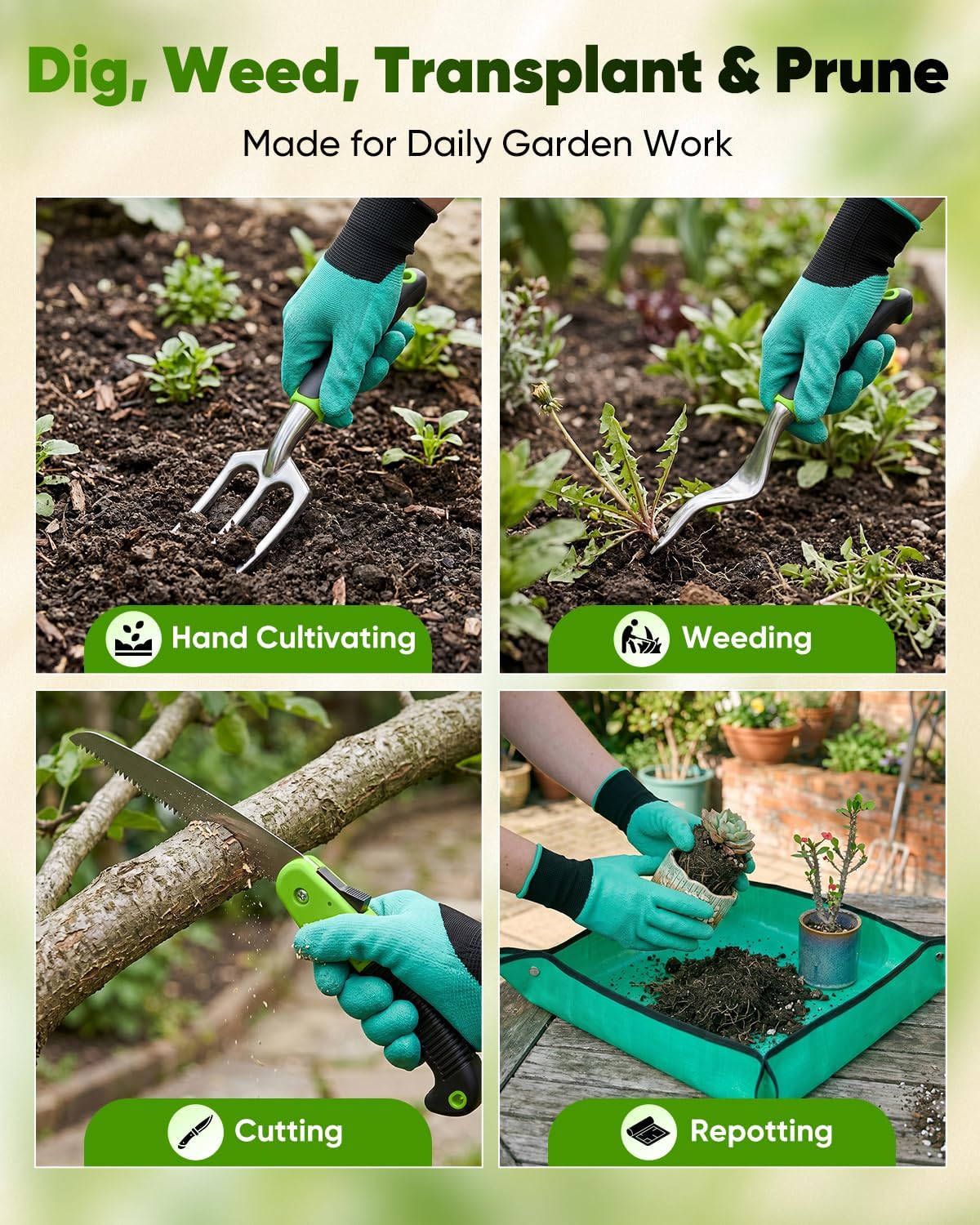Garden Tool Set Gardening Tools - Heavy Duty Aluminum Tool Kit with Non-Slip Handle, Gardening Gloves and Tool Bag for