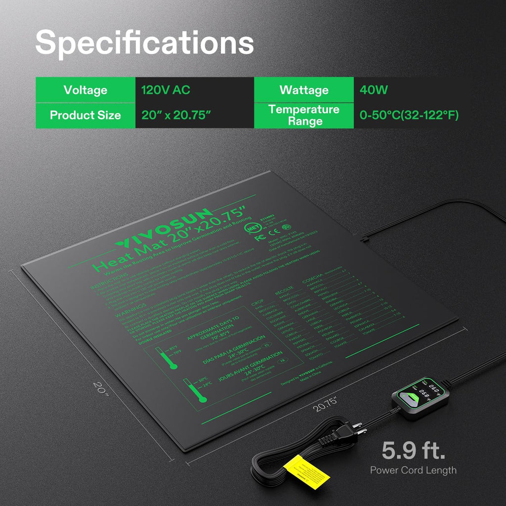 VIVOSUN 20"x20.75" Seedling Heat Mat with Built-in Temperature Controller | UL & MET-Certified Waterproof Plant Heating