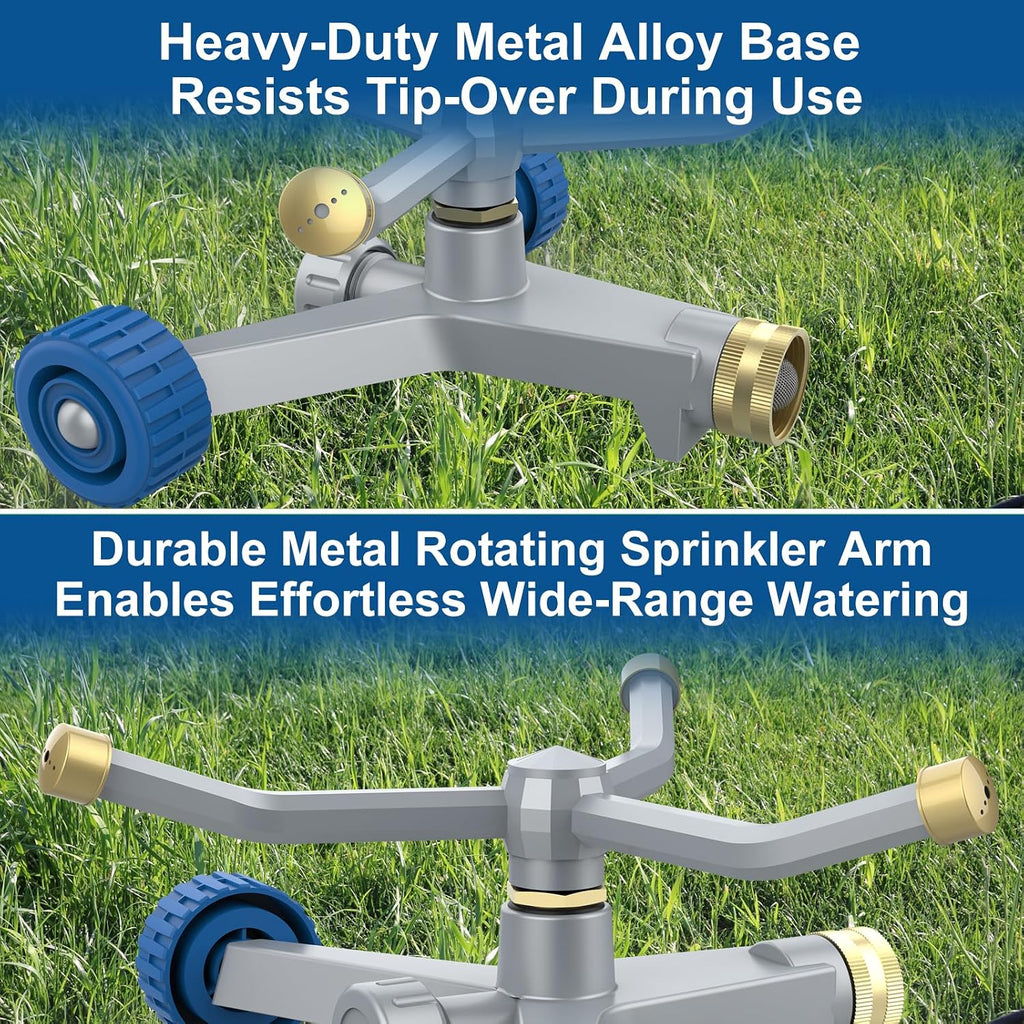 Sprinklers for Yard, 3-Arm Metal Sprinkler with Wheel Base, 360-degree Automatic Rotary Lawn Sprinkler System for