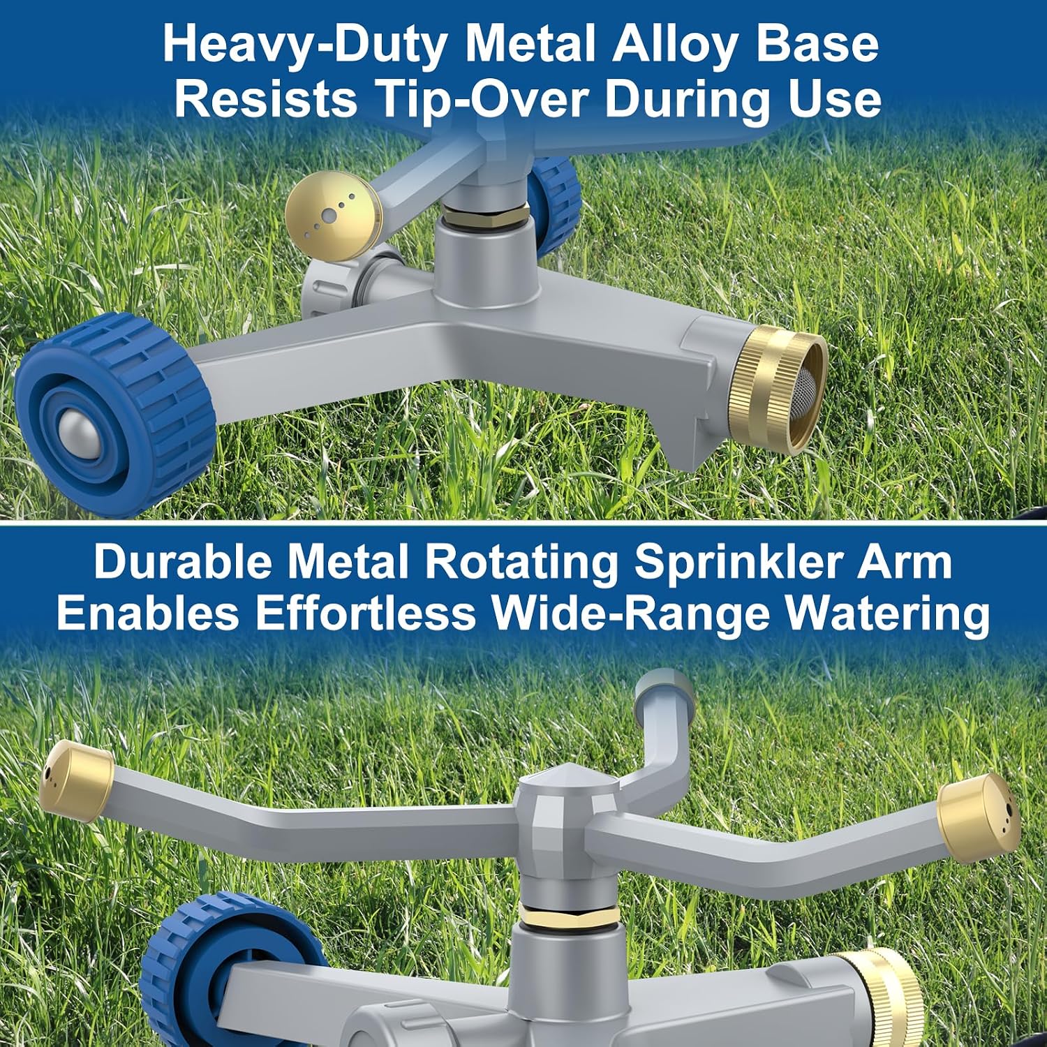 Sprinklers for Yard, 3-Arm Metal Sprinkler with Wheel Base, 360-degree Automatic Rotary Lawn Sprinkler System for